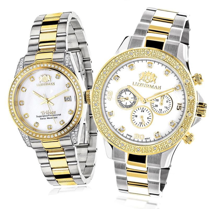 MATCHING WATCHES FOR COUPLES LUXURMAN YELLOW GOLD PLATED DIAMOND